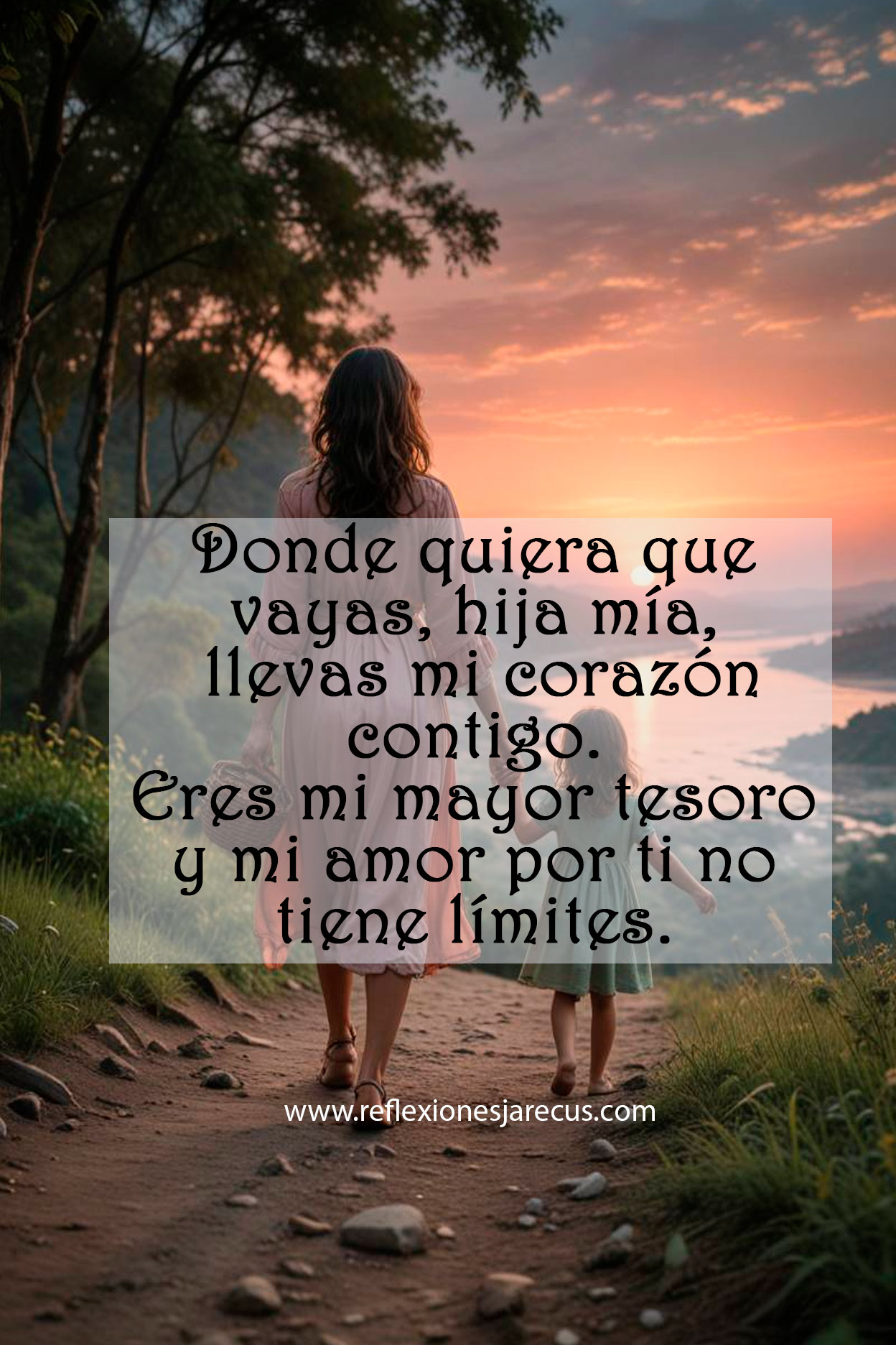 Madre e hija caminando de la mano al atardecer, con corazones iluminados que simbolizan el vínculo entre ellas.