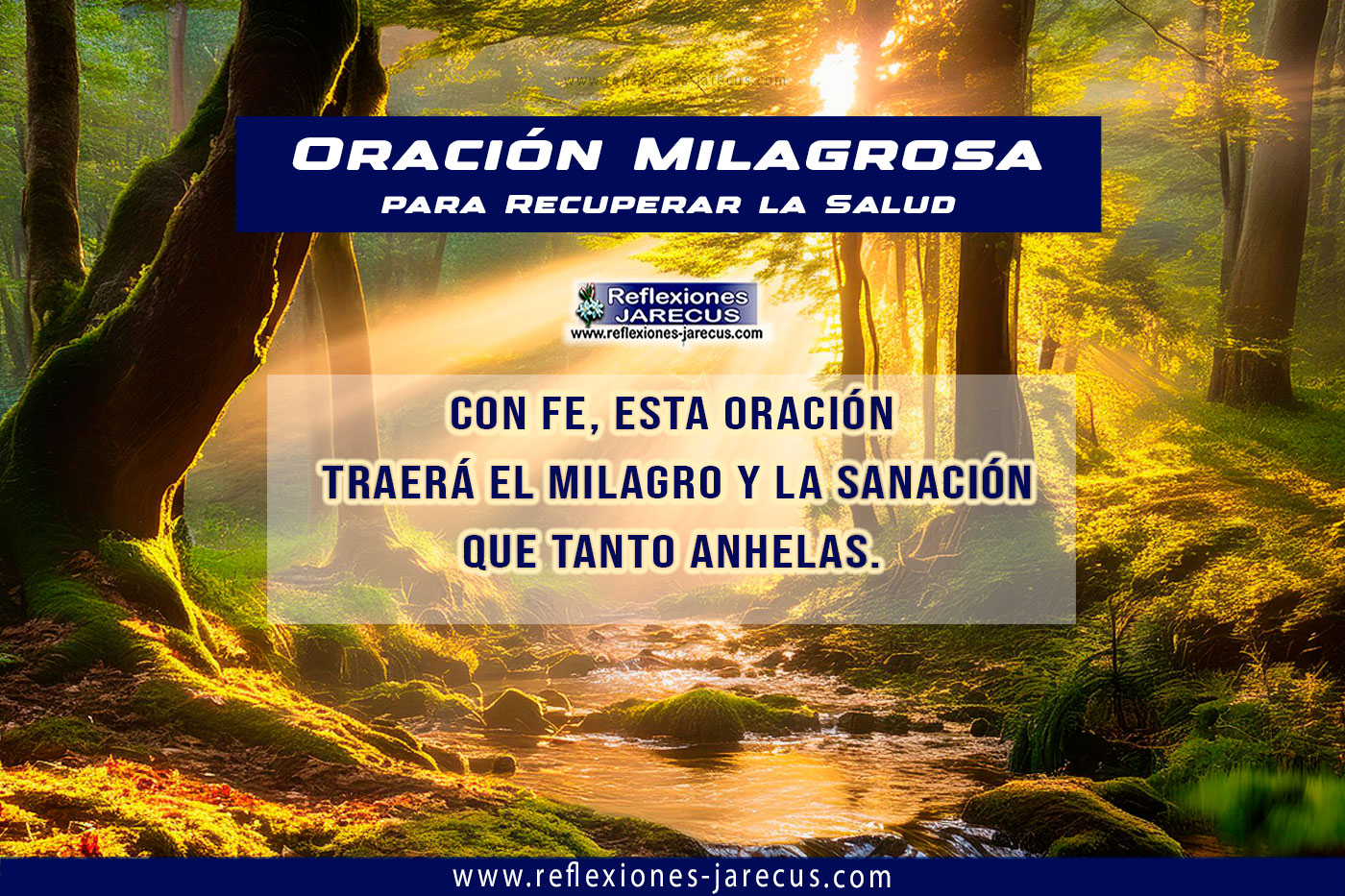 Luz dorada filtrándose entre los árboles de un bosque al amanecer, iluminando un arroyo cristalino, simbolizando sanación y renovación