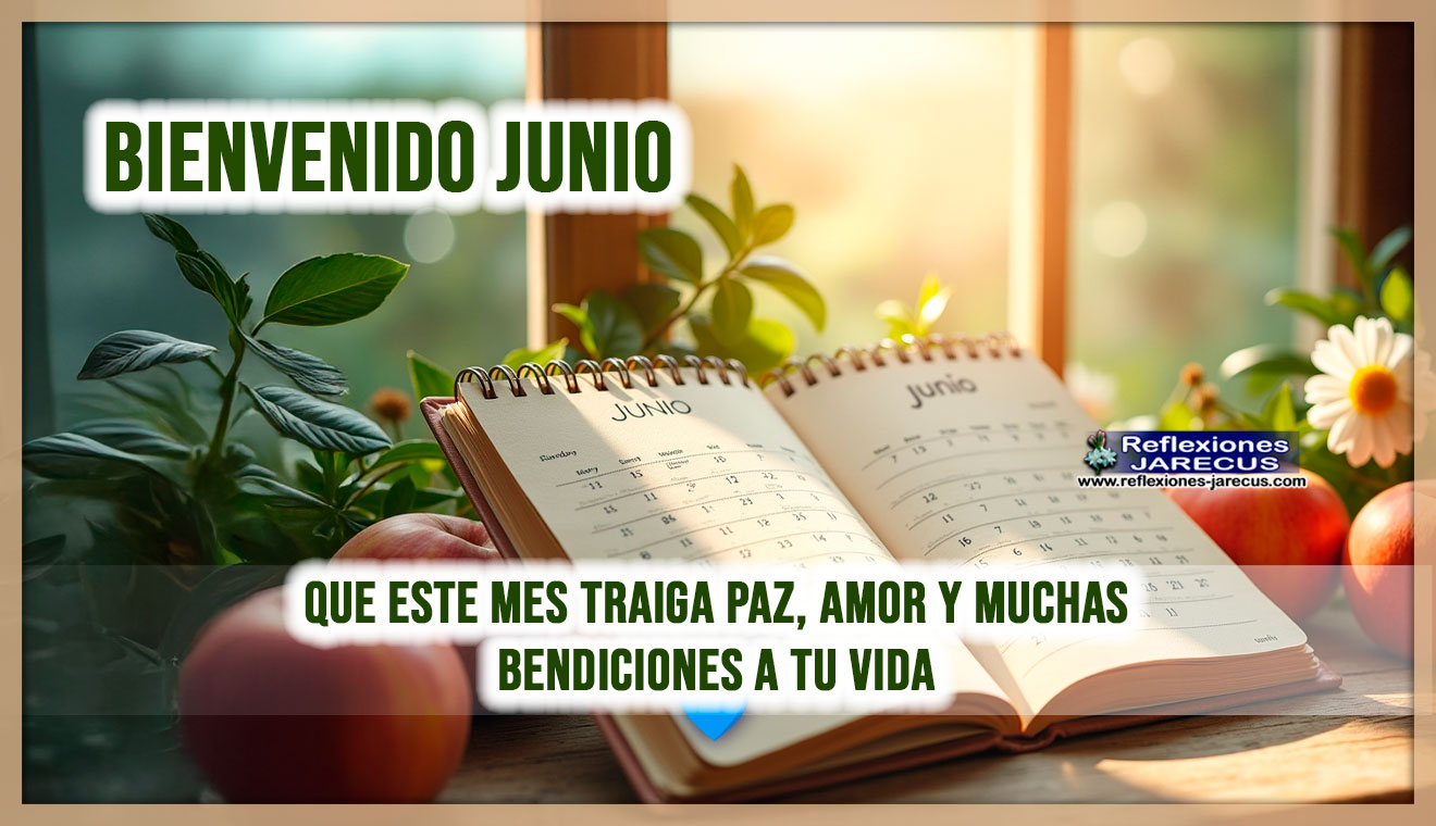 Calendario de junio con luz natural, flores y frases motivacionales para dar la bienvenida al nuevo mes