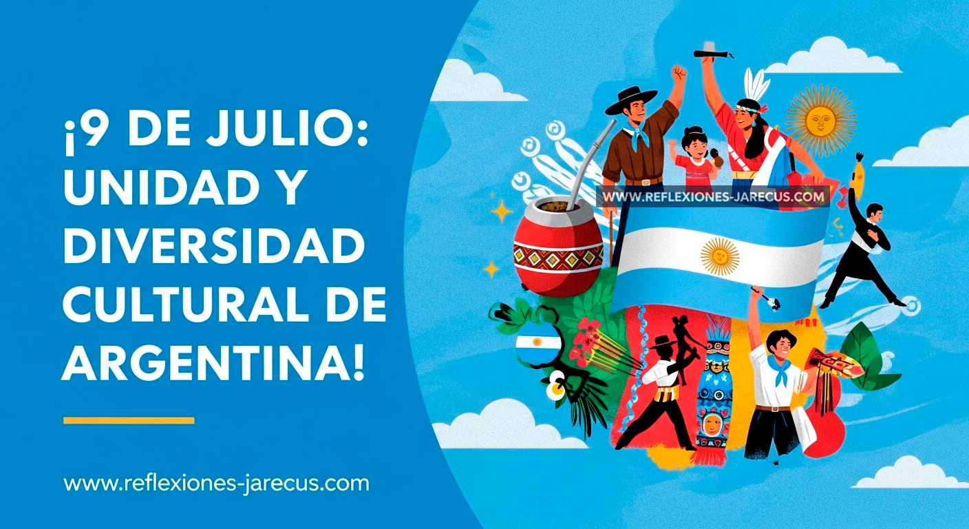 Un vibrante tapiz de símbolos argentinos (mate, tango, motivos indígenas) con una bandera y diversos argentinos celebrando. El texto dice: «¡9 de Julio: Unidad en Diversidad!».