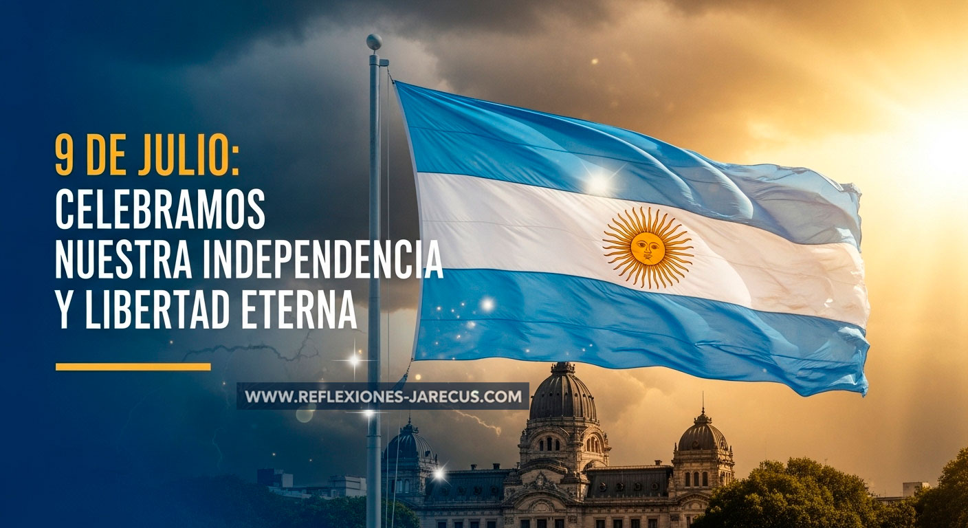 Una vibrante bandera argentina ondea bajo un amanecer dorado, con la Casa de Tucumán al fondo. El texto reza: «¡9 de Julio: Libertad Eterna!».