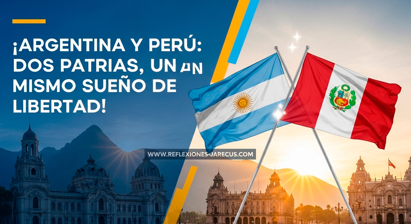 Banderas entrelazadas de Argentina y Perú ondean sobre los Andes al amanecer, con la Casa de Tucumán y la Plaza Mayor al fondo. El texto reza: "¡9 y 28 de Julio: Libertad Latina!