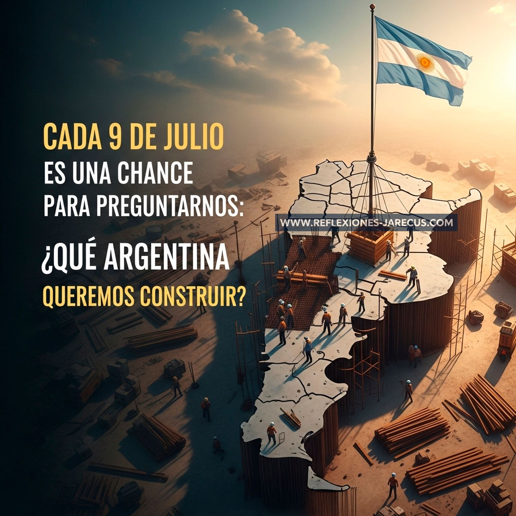 Obreros construyendo un mapa de Argentina desde arriba, con bandera al viento. Imagen patriótica con frase visible.