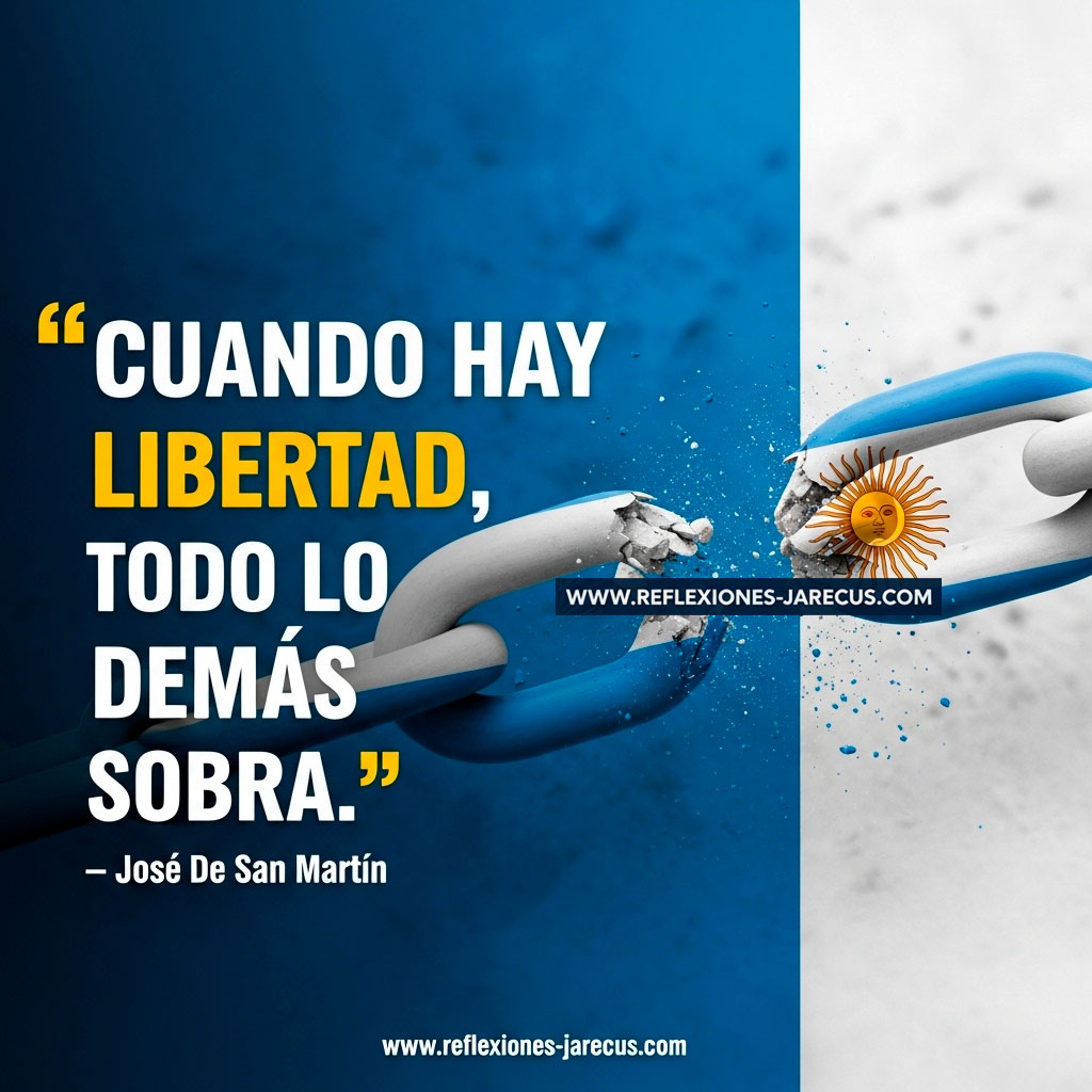 Cadena rota con los colores de la bandera argentina, acompañada de una frase patriótica sobre la libertad.