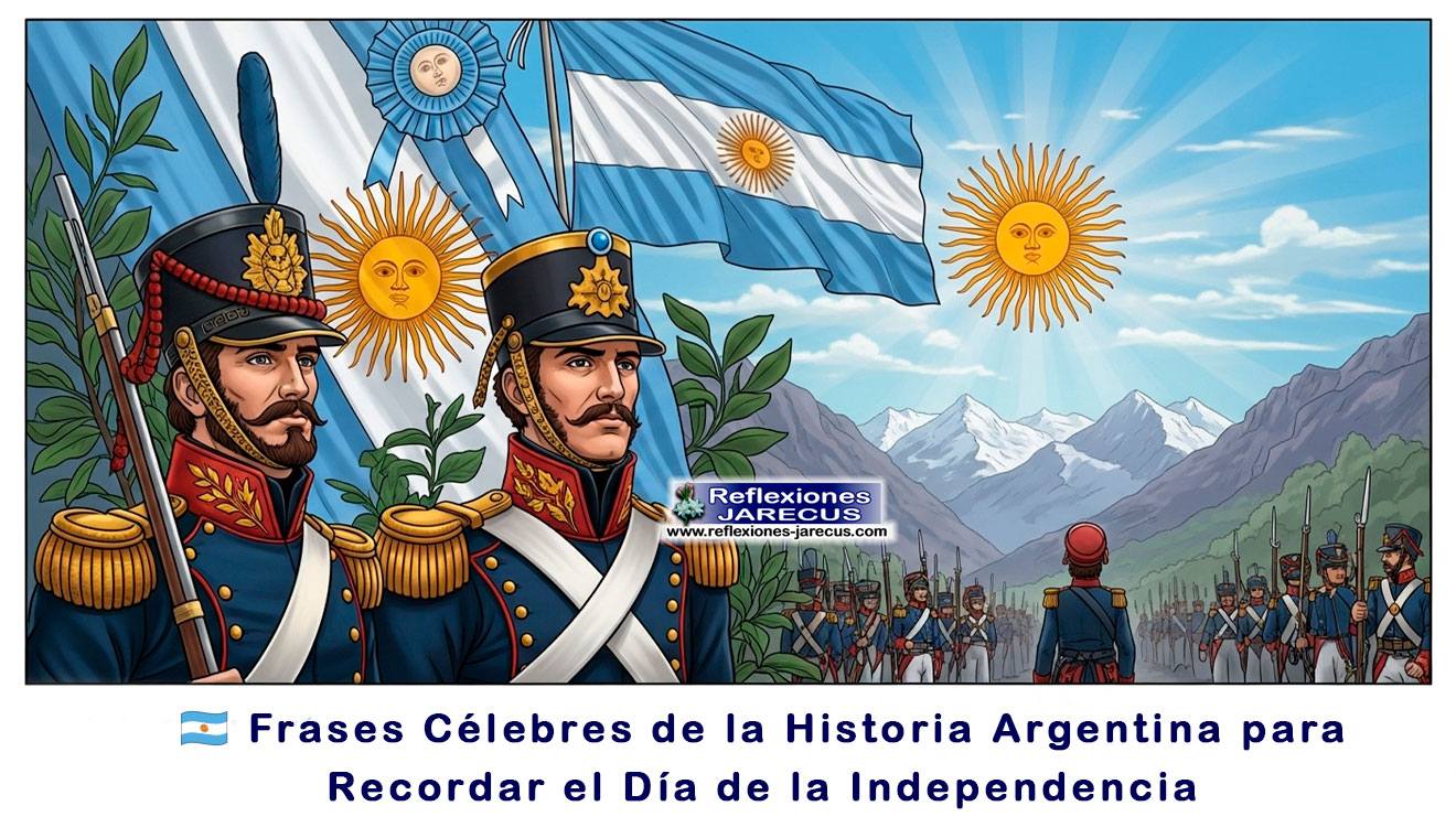 "Ilustración vibrante que representa el Día de la Independencia de Argentina, con figuras históricas como José de San Martín y Manuel Belgrano, rodeados de símbolos patrios y una escena épica de la Revolución de Mayo."