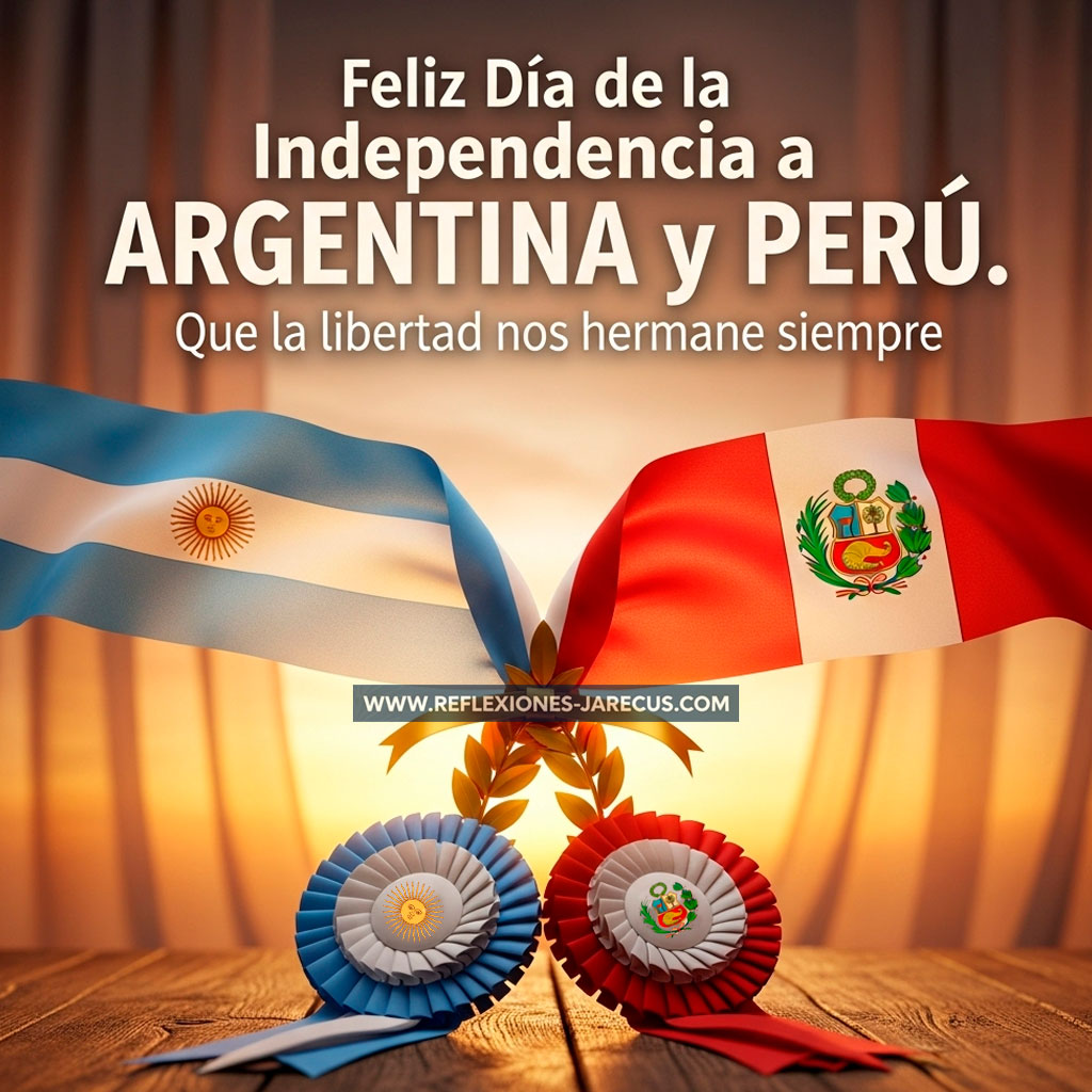 Banderas de Argentina y Perú entrelazadas con cinta dorada. Escarapelas sobre mesa cálida. Imagen de hermandad y unión patria.