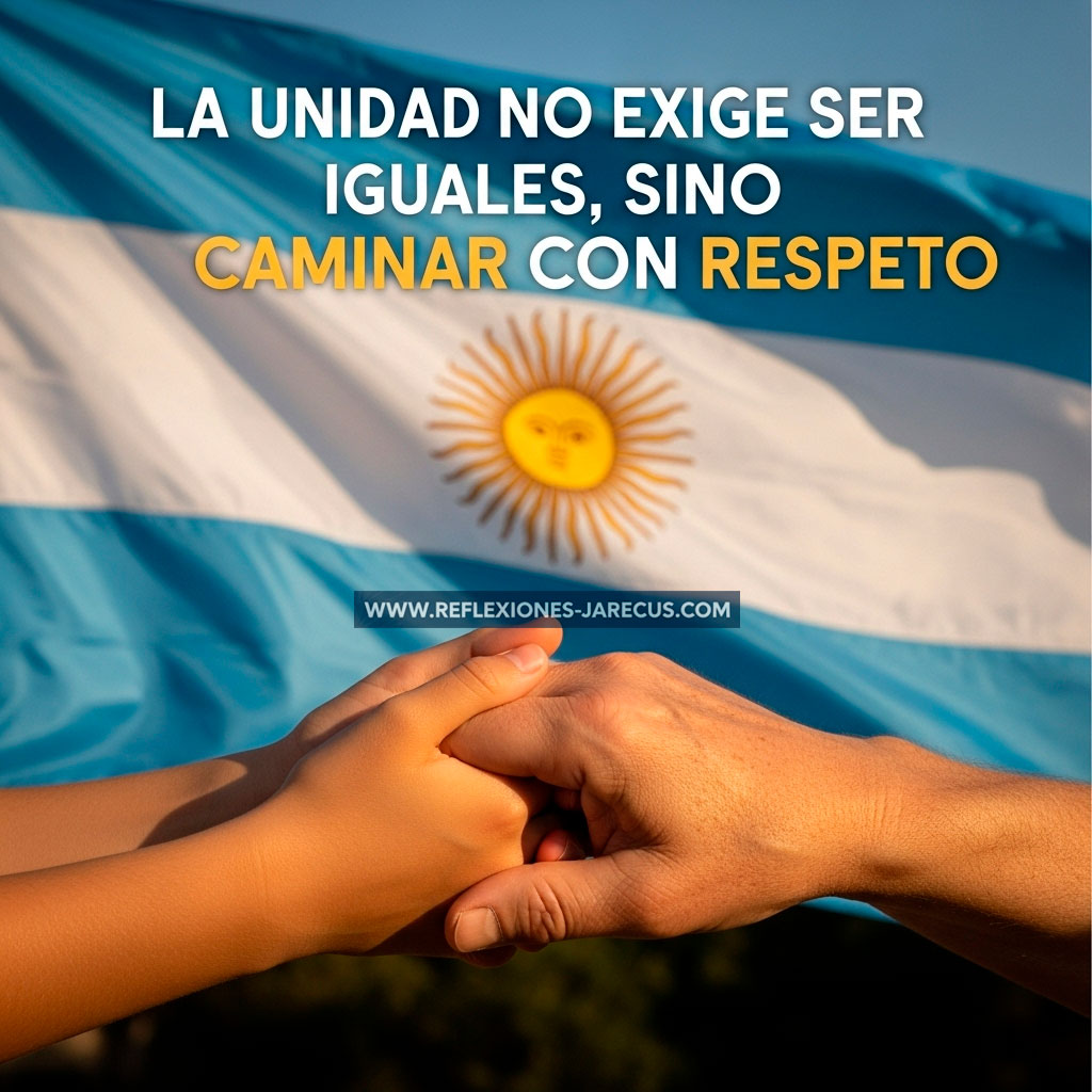 Dos manos distintas se tocan suavemente con la bandera argentina clara detrás, mostrando el Sol de Mayo definido.