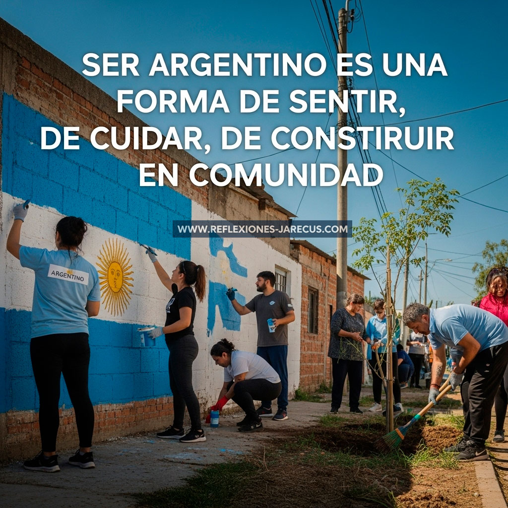 Grupo de argentinos colaborando en su barrio: pintando, limpiando, plantando, con bandera argentina presente.