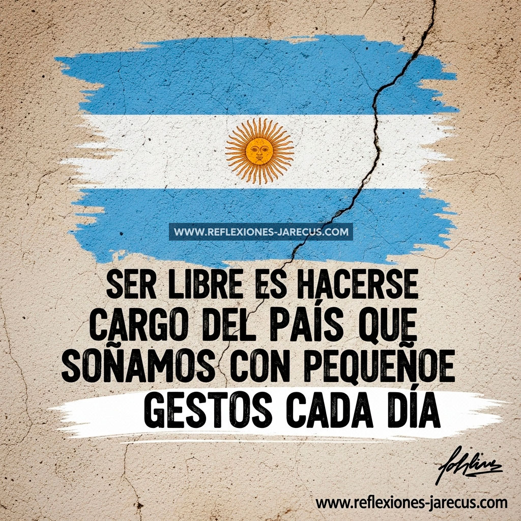 Mural con bandera argentina y frase pintada a brocha en una pared urbana con grietas.