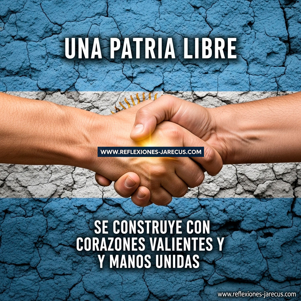 Manos firmes entrelazadas sobre muro de adobe, con luz dorada y los colores celeste y blanco de Argentina.
