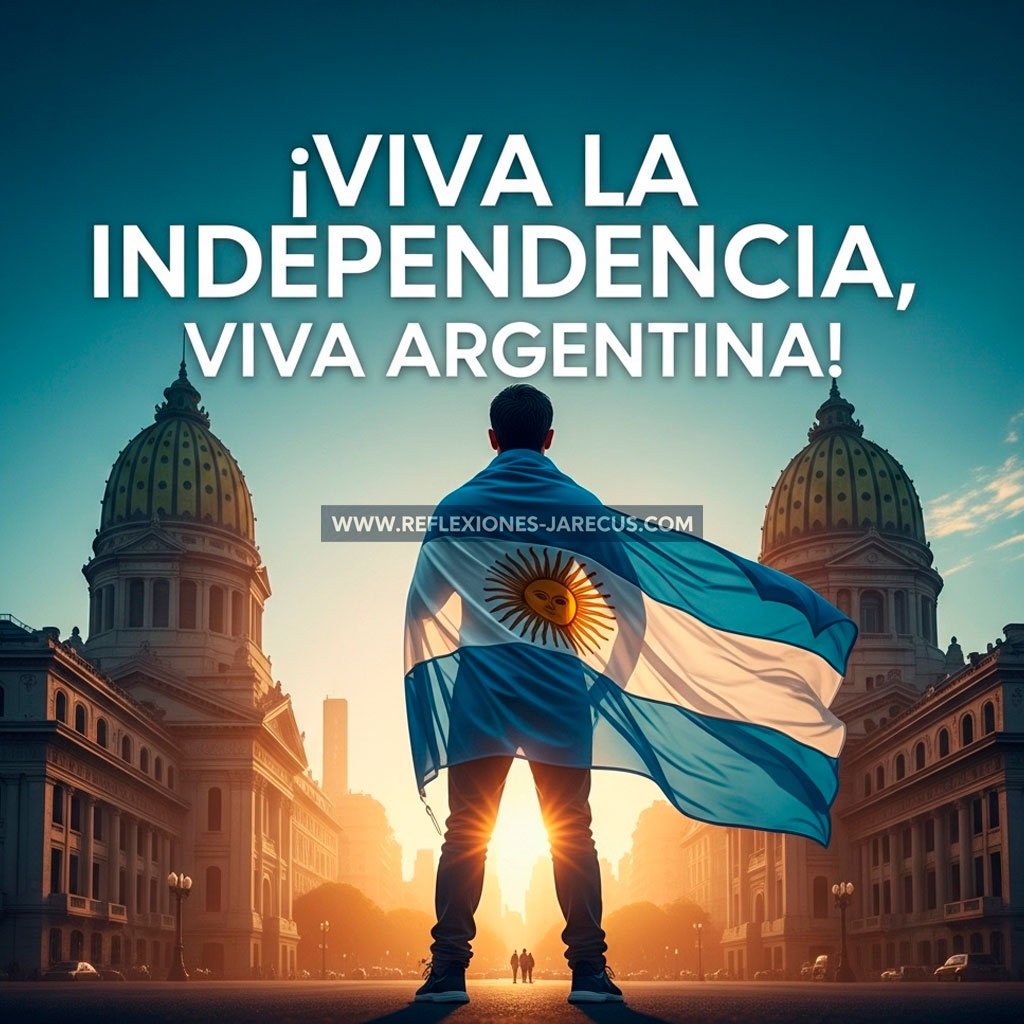 Hombre argentino envuelto en la bandera nacional frente al Cabildo de Buenos Aires con un amanecer patriótico de fondo. Texto grande: "¡Viva la Independencia, Viva Argentina!".