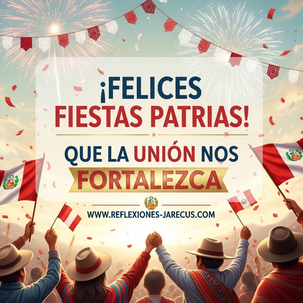 Imagen festiva por Fiestas Patrias del Perú con personas celebrando unidas y la frase “¡Felices Fiestas Patrias! Que la unión nos fortalezca” centrada, con el sitio web integrado junto al texto.