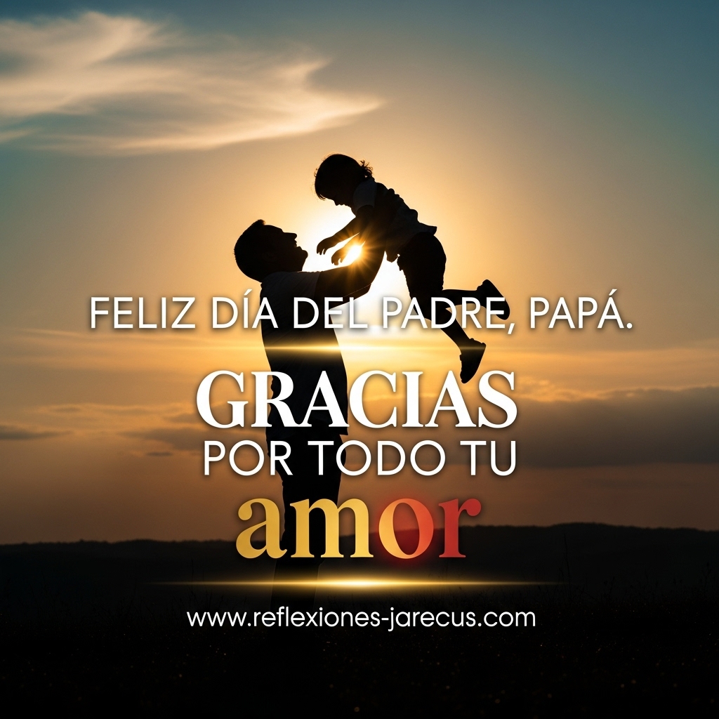 Padre e hijo abrazándose al atardecer con la frase “Feliz Día del Padre, papá. Gracias por todo tu amor” como mensaje central.
