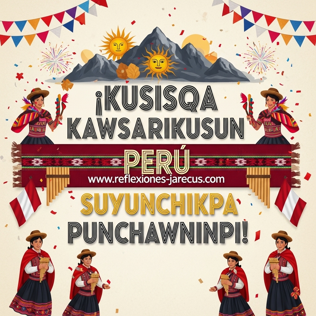 Frase en quechua celebrando Fiestas Patrias: “¡Kusisqa Kawsarikusun Perú Suyunchikpa Punchawninpi!”, con diseño festivo andino y el sitio web integrado junto al texto.