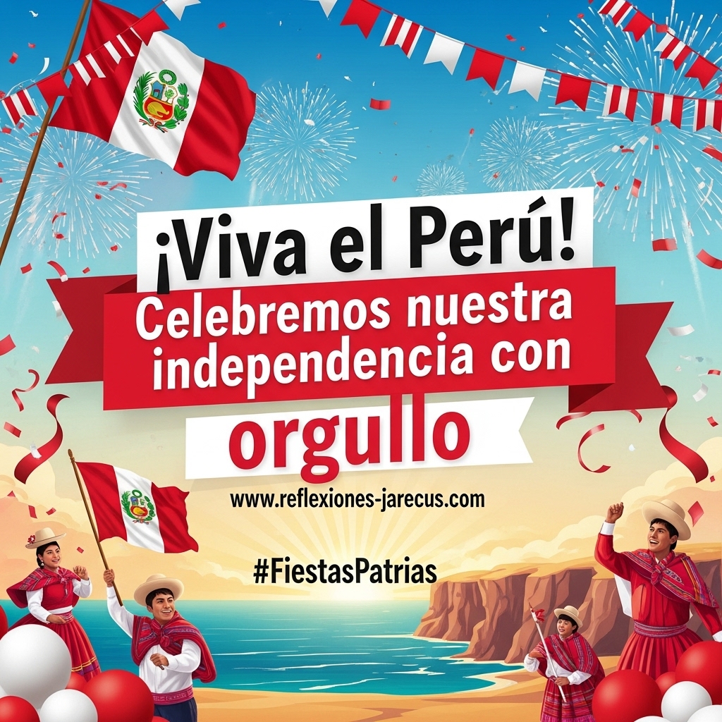 Celebración de Fiestas Patrias con banderas, fuegos artificiales y la frase “¡Viva el Perú! Celebremos nuestra independencia con orgullo” centrada y bien legible, con el sitio web integrado junto al texto.