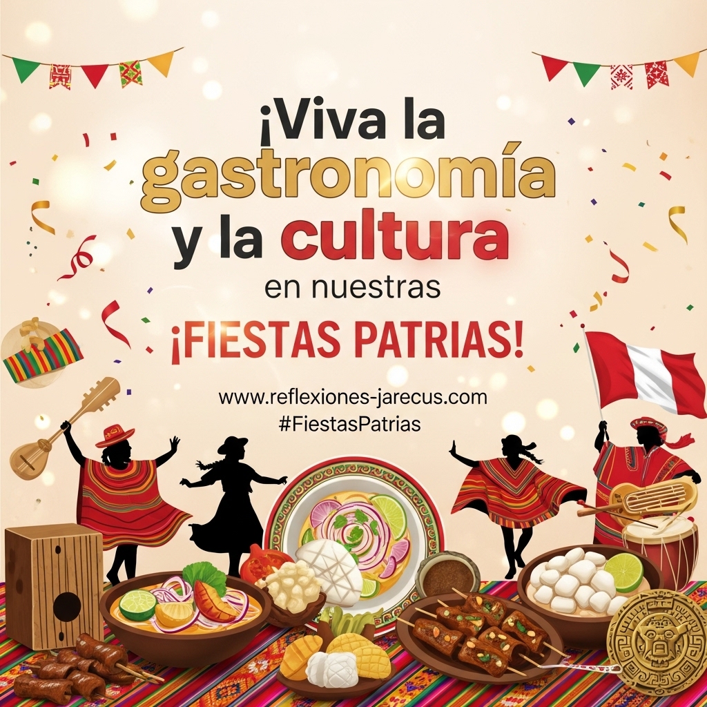 Ilustración festiva con platos típicos peruanos y elementos culturales, acompañada de la frase “¡Viva la gastronomía y la cultura en nuestras Fiestas Patrias!”.