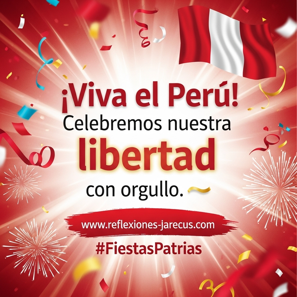Imagen festiva con la frase “¡Viva el Perú! Celebremos nuestra libertad con orgullo” sobre fondo en tonos rojo, blanco y dorado con elementos patrióticos.