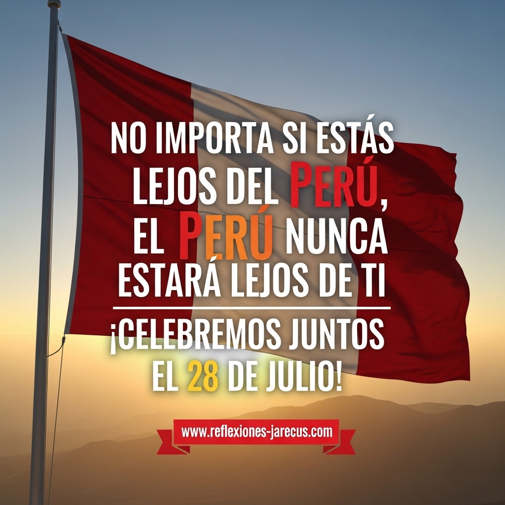 Ilustración patriótica con la bandera del Perú ondeando al amanecer sobre los Andes, acompañada de la frase “No importa si estás lejos del Perú, el Perú nunca estará lejos de ti. ¡Celebremos juntos el 28 de julio!”.