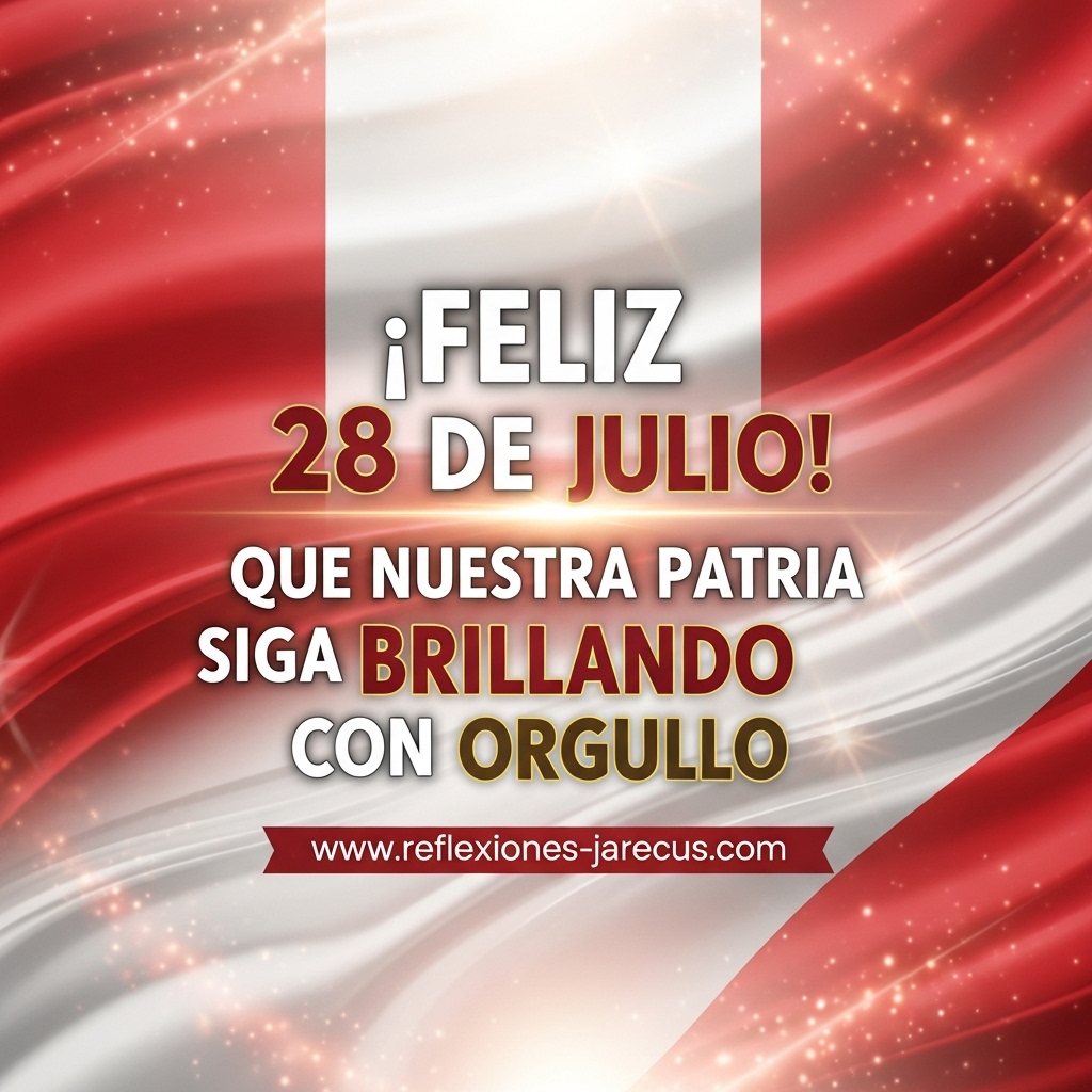 Diseño artístico con la frase “¡Feliz 28 de julio! Que nuestra patria siga brillando con orgullo”, sobre fondo patriótico en tonos rojo y blanco.