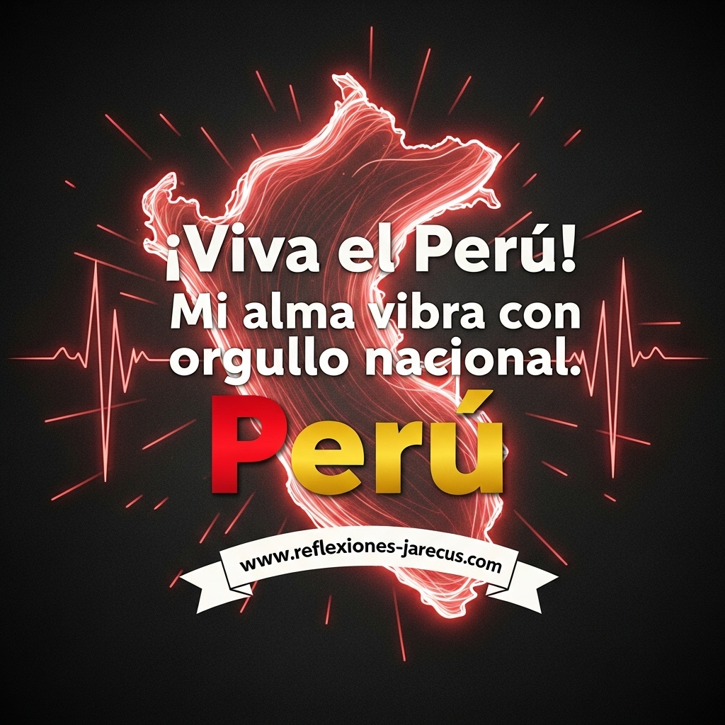 Ilustración artística de un mapa del Perú en forma de corazón, hecho con luces rojas y blancas, rodeado por ondas de energía y una frase patriótica en español.