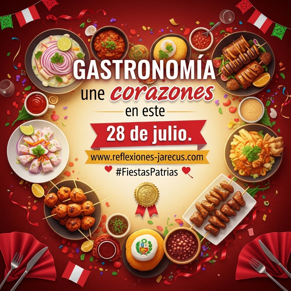 Imagen con platos típicos del Perú como ceviche y ají de gallina, dispuestos en forma decorativa, con la frase “Nuestra gastronomía une corazones en este 28 de julio”.
