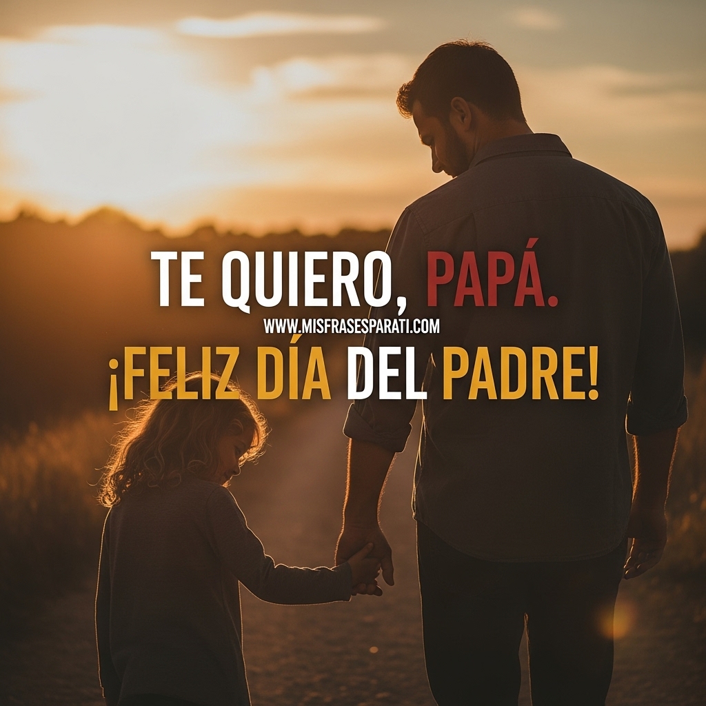 Padre e hijo compartiendo un momento tierno al atardecer, con la frase “Te quiero, papá. ¡Feliz Día del Padre!” centrada en la imagen.