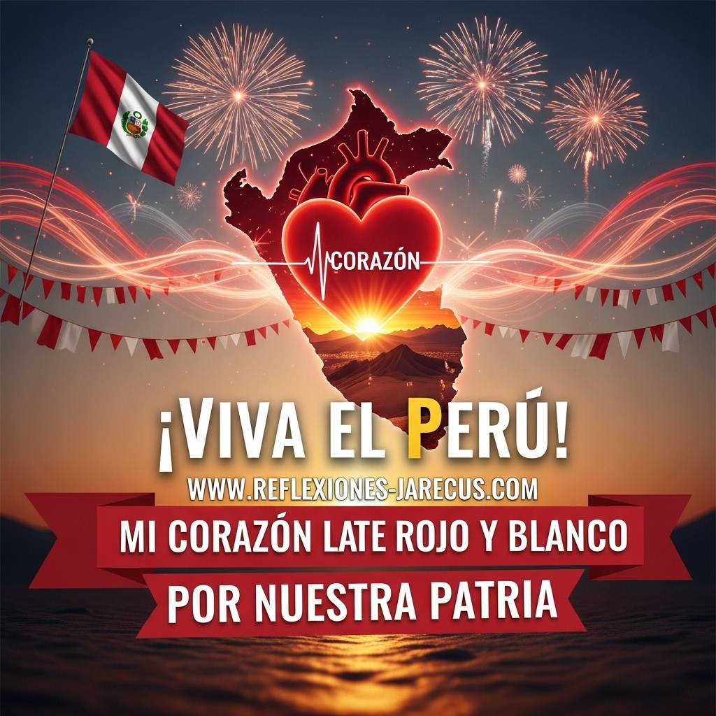 Corazón rojo y blanco latiendo sobre el fondo del Perú, con la frase “¡Viva el Perú! Mi corazón late rojo y blanco por nuestra patria”