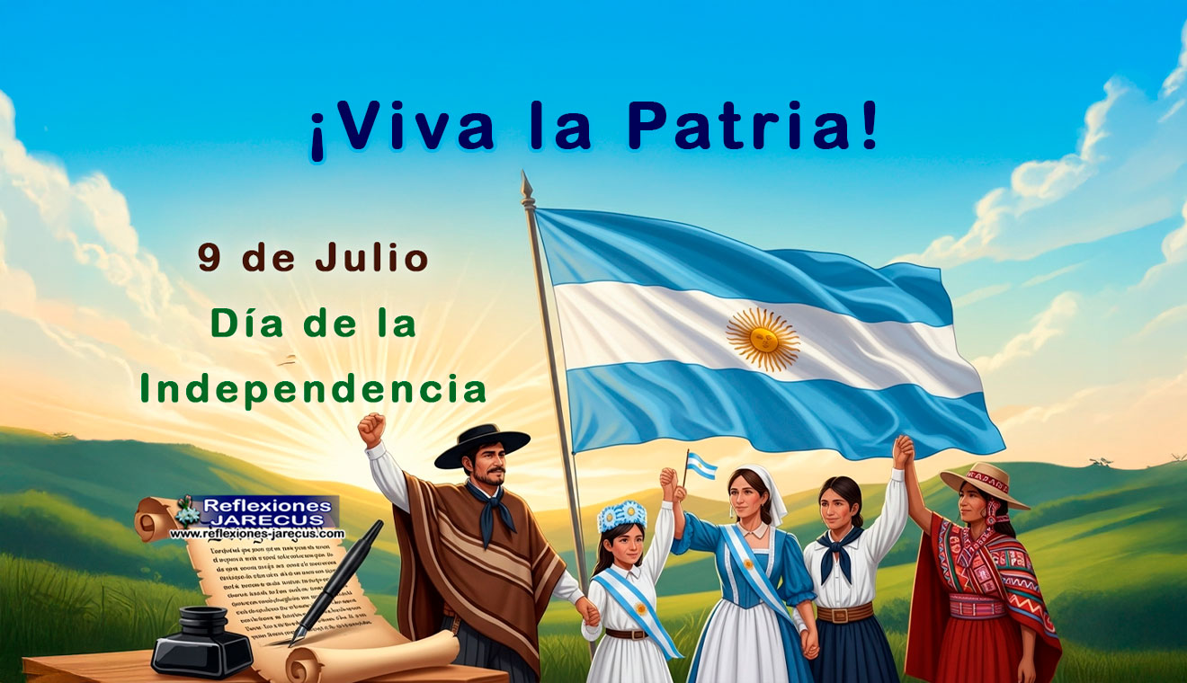 "Ilustración patriótica del Día de la Independencia de Argentina, con una bandera celeste y blanca ondeando, el Sol de Mayo, un gaucho, un niño con escarapela y motivos quechua, un pergamino, y el texto '¡Viva la Patria! 9 de Julio, Día de la Independencia' en la parte superior."
