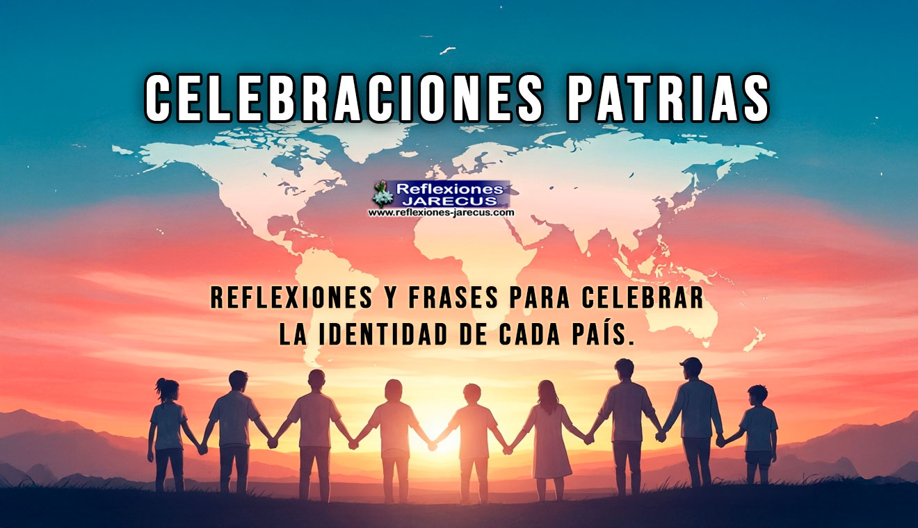 Personas de distintas edades tomadas de la mano frente a un amanecer, con un mapa del mundo al fondo, simbolizando unidad, paz y orgullo patrio.