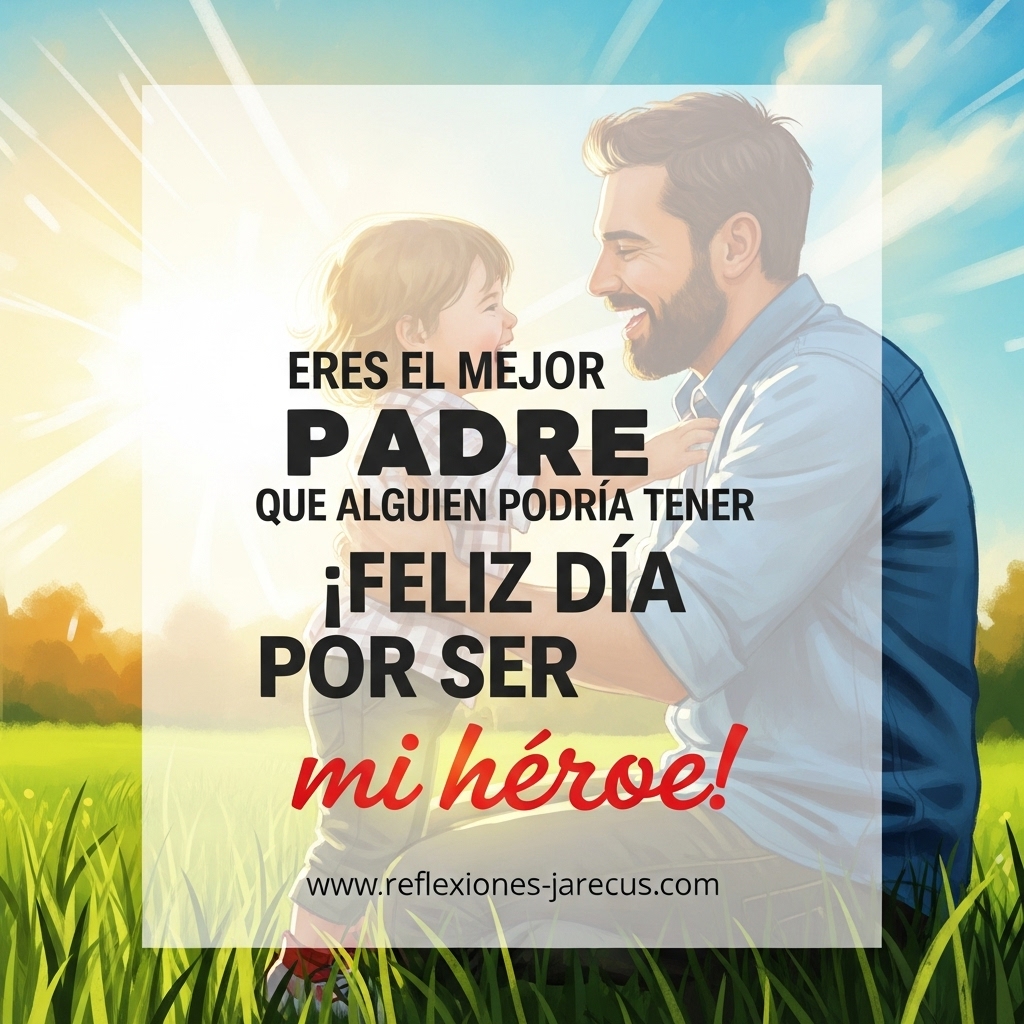 Ilustración colorida de un padre y su hijo en un entorno alegre al aire libre, con la frase “Eres el mejor padre que alguien podría tener. ¡Feliz día por ser mi héroe!” destacada en el centro.