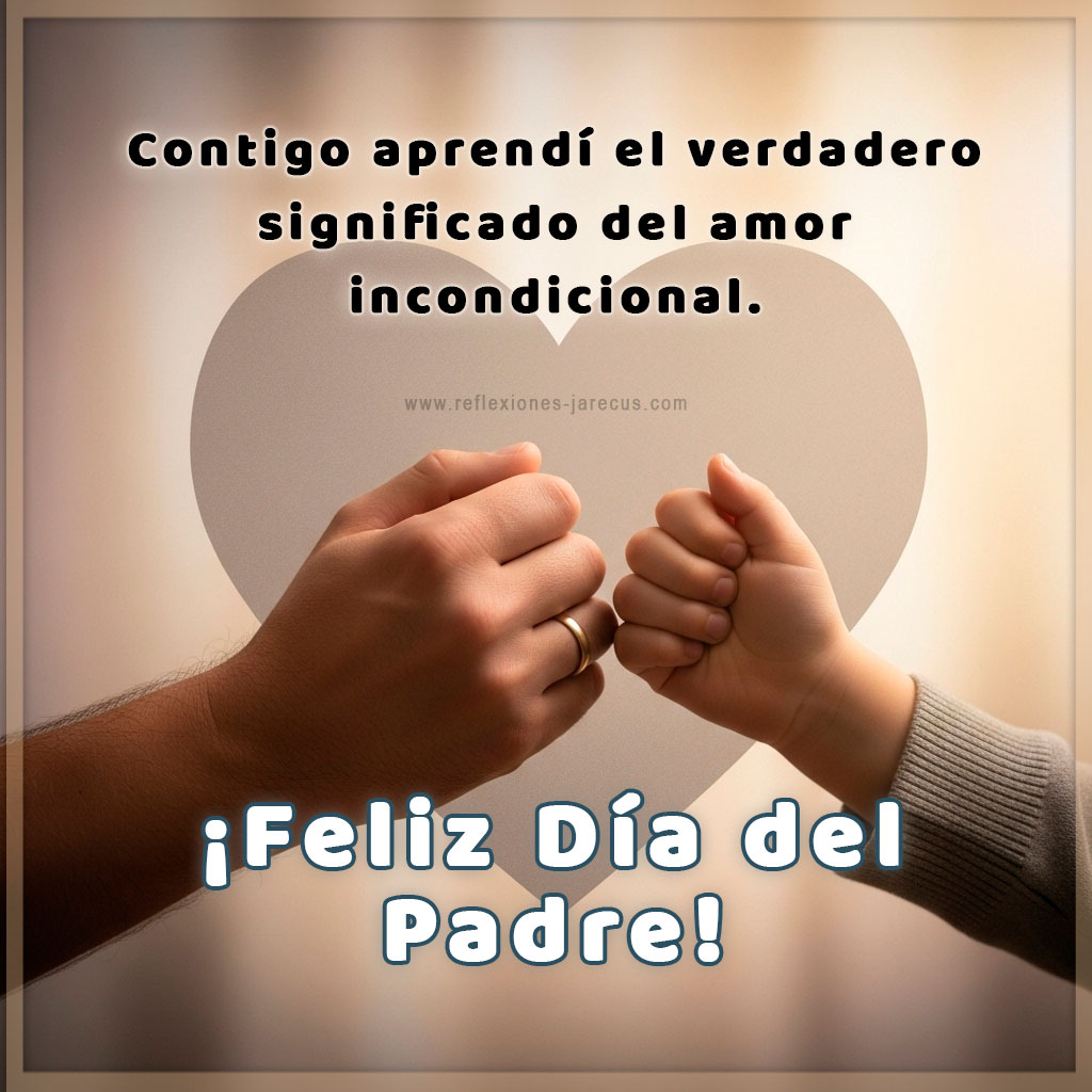 Manos entrelazadas de un padre y su hijo formando un corazón, símbolo del amor incondicional en el Día del Padre.