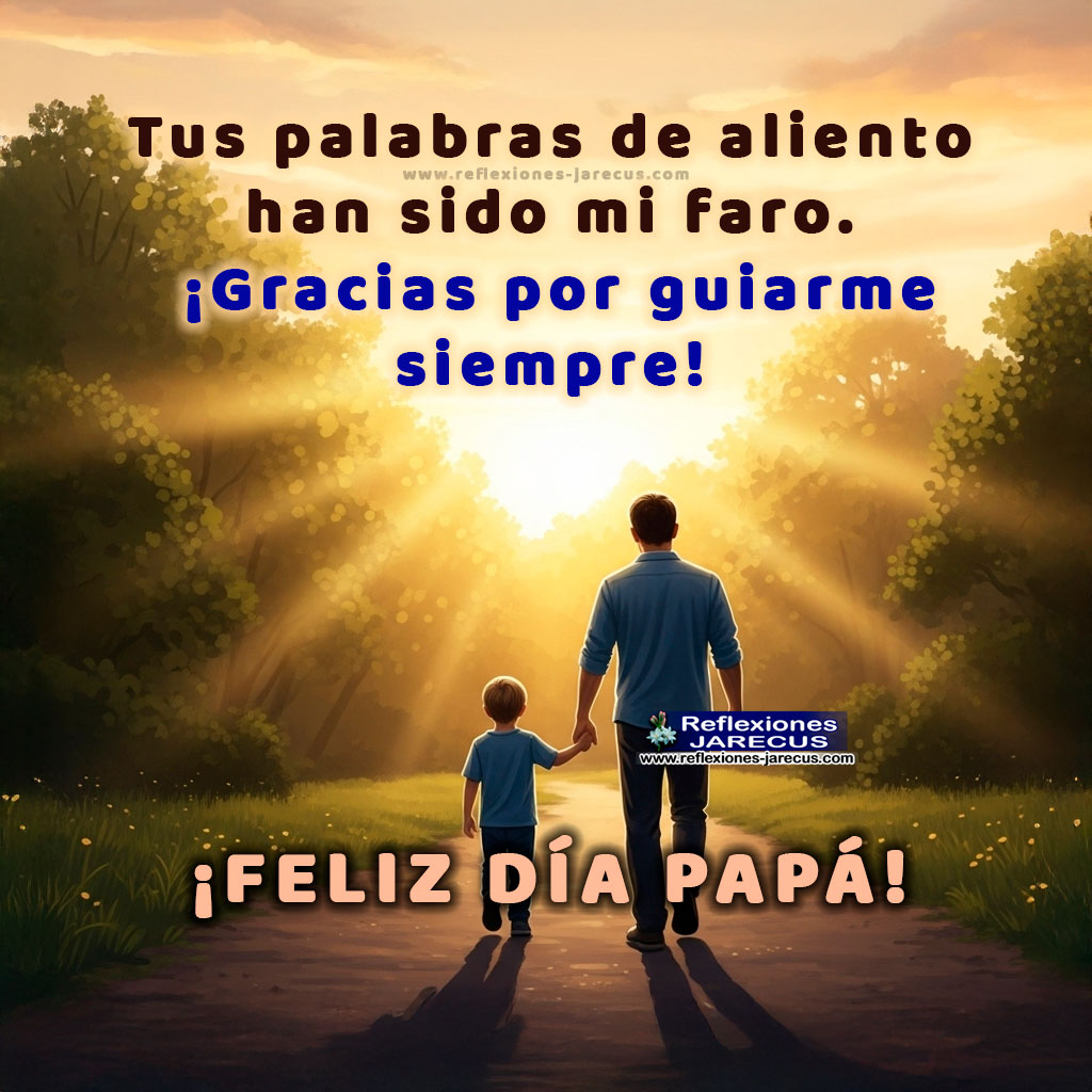 Padre e hijo caminando de la mano al atardecer por un sendero tranquilo, con espacio para mensaje de agradecimiento.