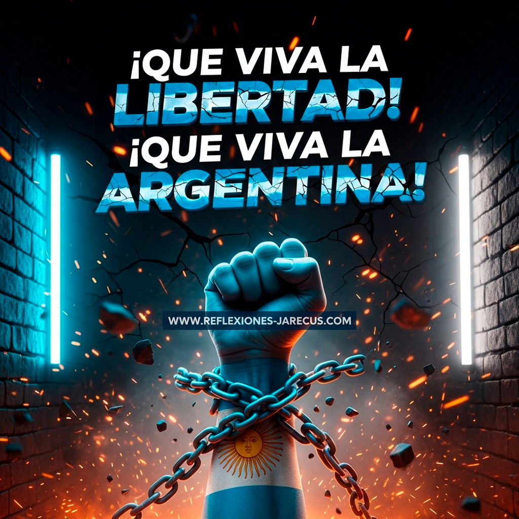 Puño envuelto en la bandera argentina rompiendo cadenas sobre un fondo oscuro con luces de neón en celeste y blanco. Letras grandes y brillantes: “¡QUE VIVA LA LIBERTAD! ¡QUE VIVA LA ARGENTINA!”.