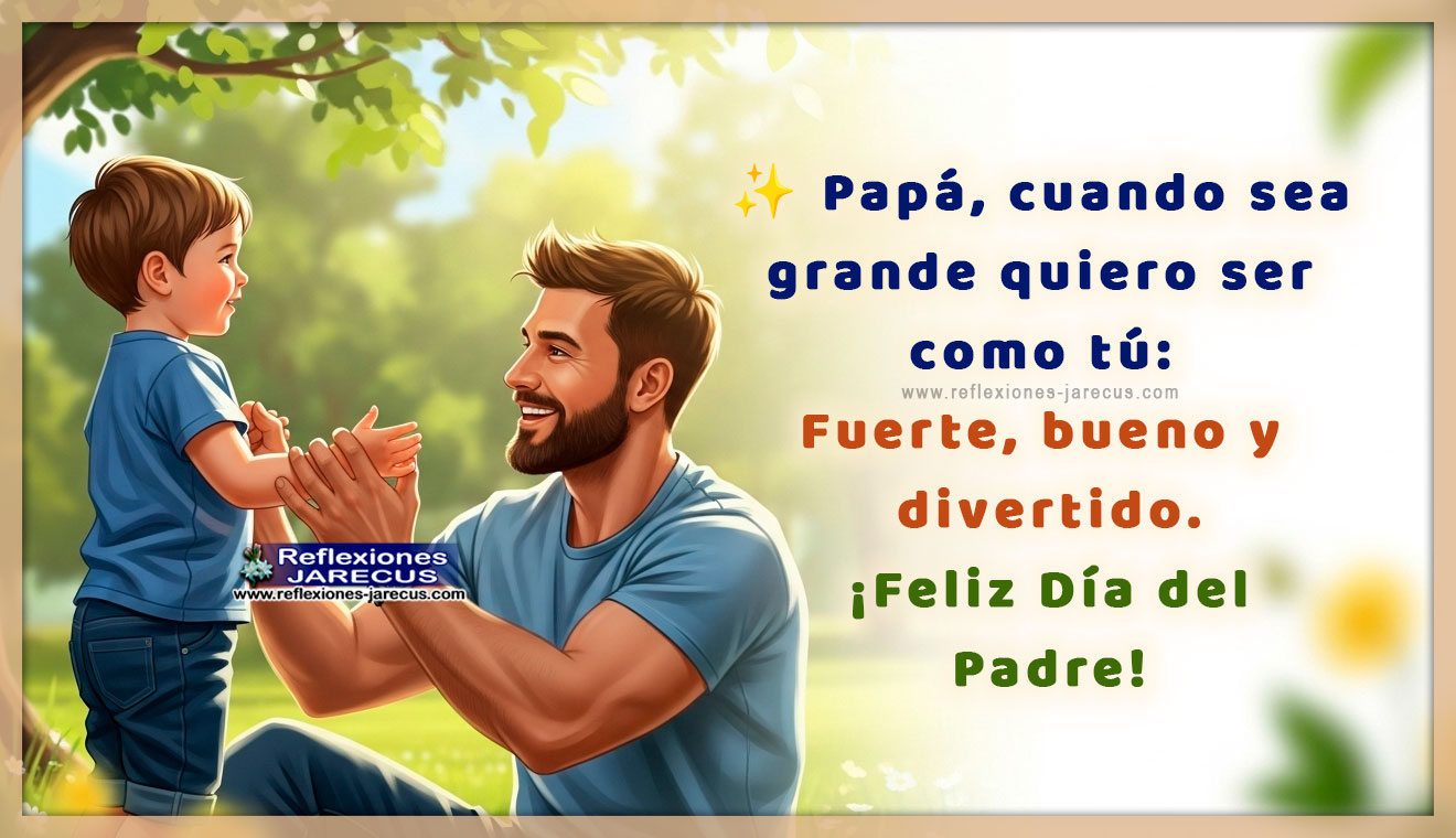 Papá jugando con su hijo pequeño en un parque soleado, mostrando una conexión amorosa y alegre en un entorno natural y luminoso. Imagen para tarjeta con la frase: "Papá, cuando sea grande quiero ser como tú: fuerte, bueno y divertido. ¡Feliz Día del Padre!"