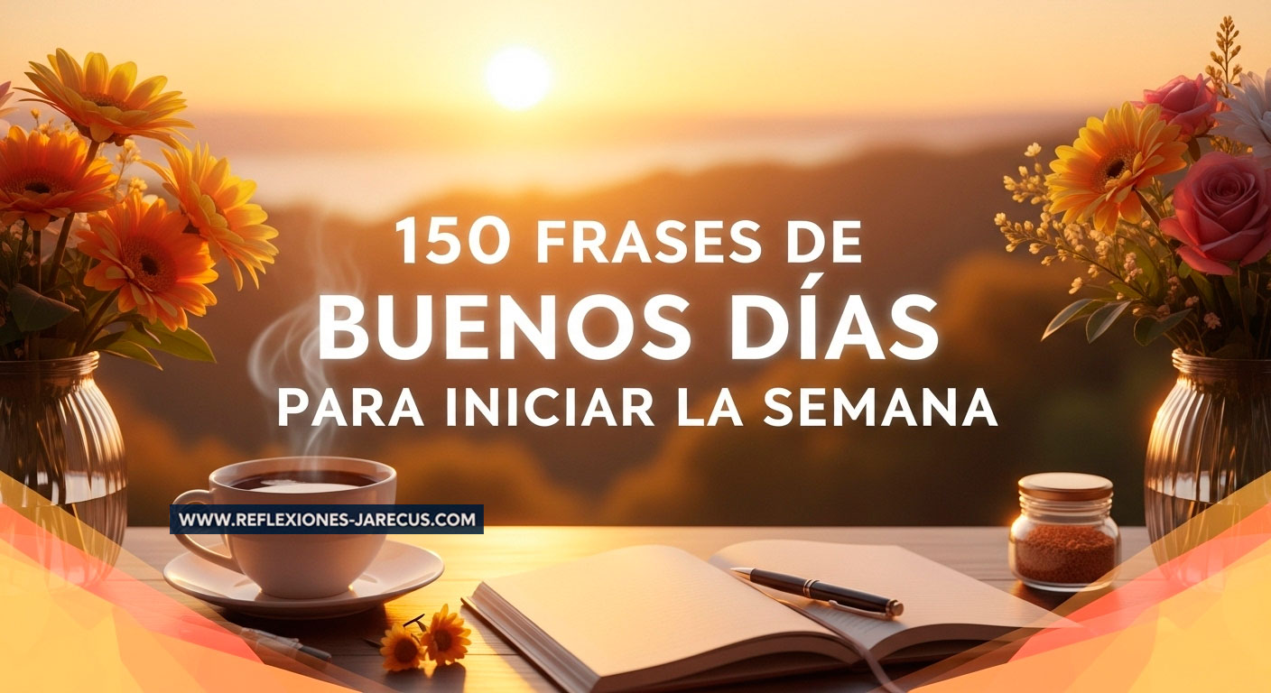 Escena matutina vibrante con un amanecer brillante, una taza de café humeante, flores frescas y un cuaderno abierto con una pluma, con el texto en español "150 Frases de Buenos Días para Iniciar la Semana" en negrita, centrado en la imagen.