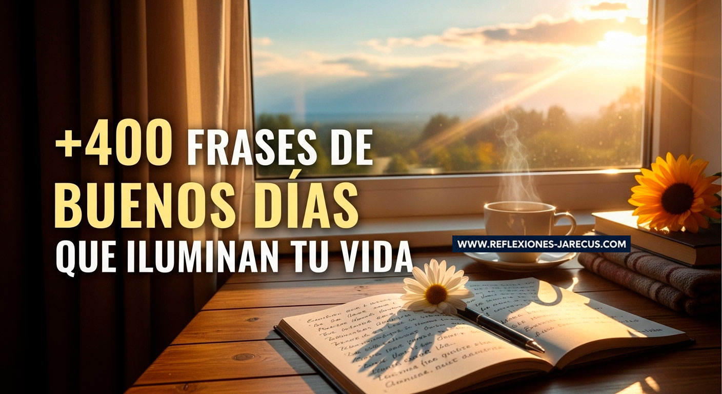 Más de 400 frases de buenos días inspiradoras sobre una mesa de madera iluminada por el sol, con café, flores y un cuaderno abierto.