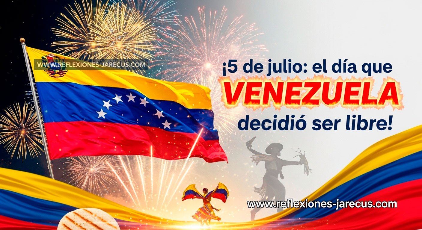 Una radiante bandera venezolana con estrellas pulsantes se despliega sobre un cielo con fuegos artificiales en amarillo, azul y rojo, con un bailarín de arepa y joropo de fondo. El texto reza: "¡5 de julio: el día que VENEZUELA decidió ser libre!"