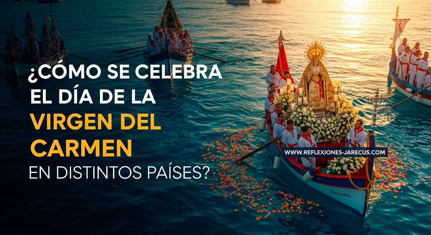 Procesión marítima de la Virgen del Carmen con barcos tradicionales en aguas azules y devotos en trajes típicos