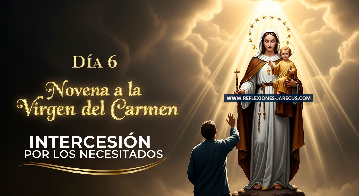 Virgen del Carmen intercediendo desde lo alto mientras una persona ora por los necesitados en el Día 6 de la novena