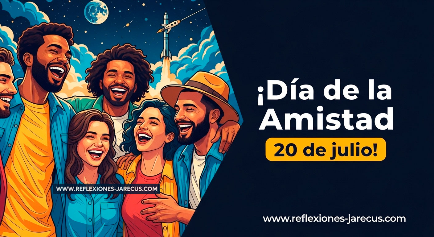 Grupo de amigos celebrando el Día de la Amistad bajo un cielo estrellado con la Luna.