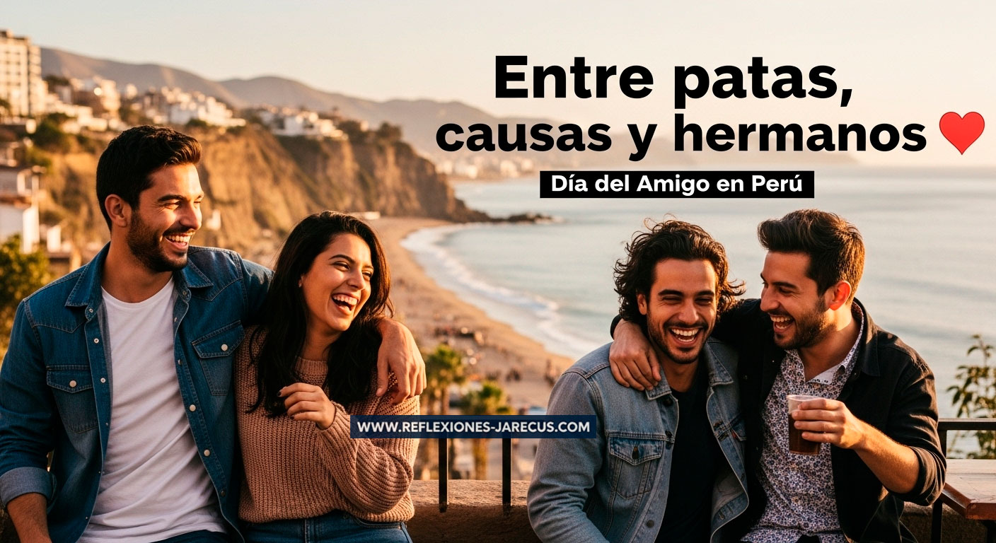 Amigos peruanos compartiendo un momento alegre al atardecer en un entorno limeño o natural.