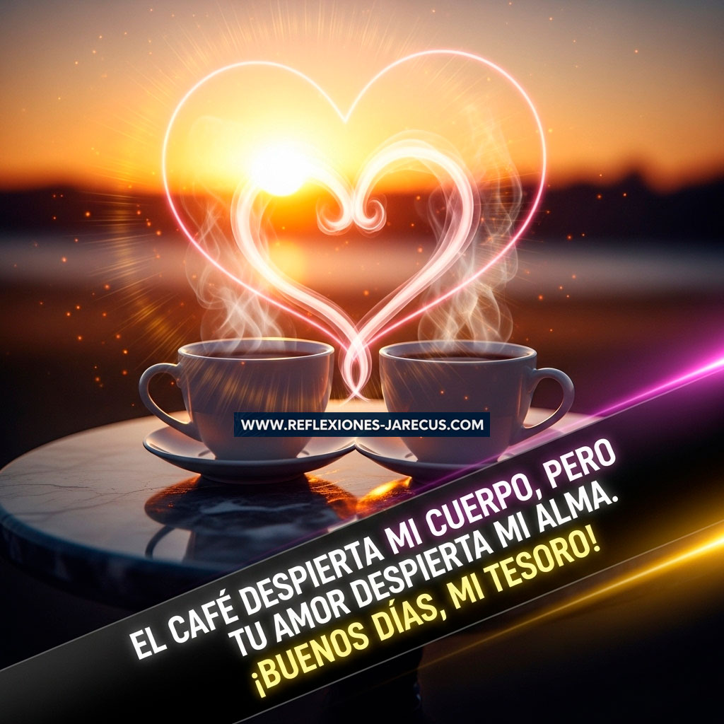 Imagen con dos tazas de café humeantes sobre una mesa de mármol negro, con sus vapores entrelazados formando un corazón brillante bajo luz dorada de amanecer. Fondo vibrante en tonos naranja y rosa. Texto en español: "El café despierta mi cuerpo, pero tu amor despierta mi alma. ¡Buenos días, mi tesoro!" en tipografía bold con contorno neon rosa o amarillo sobre una banda diagonal oscura.