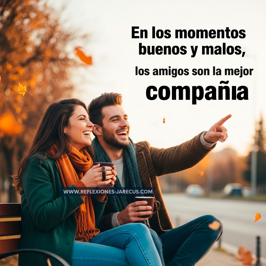 Dos amigos felices sentados en una banca al atardecer, compartiendo una charla cálida y relajada.