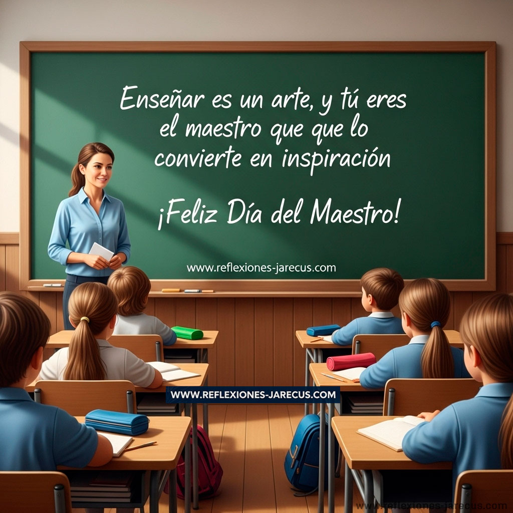 Aula iluminada con maestra frente a la pizarra, donde está escrita una frase inspiradora por el Día del Maestro.