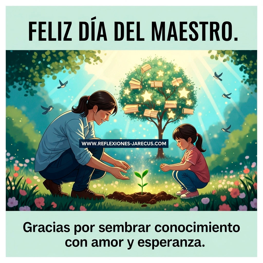 Maestro y niño plantando una semilla luminosa, símbolo del conocimiento sembrado con amor.