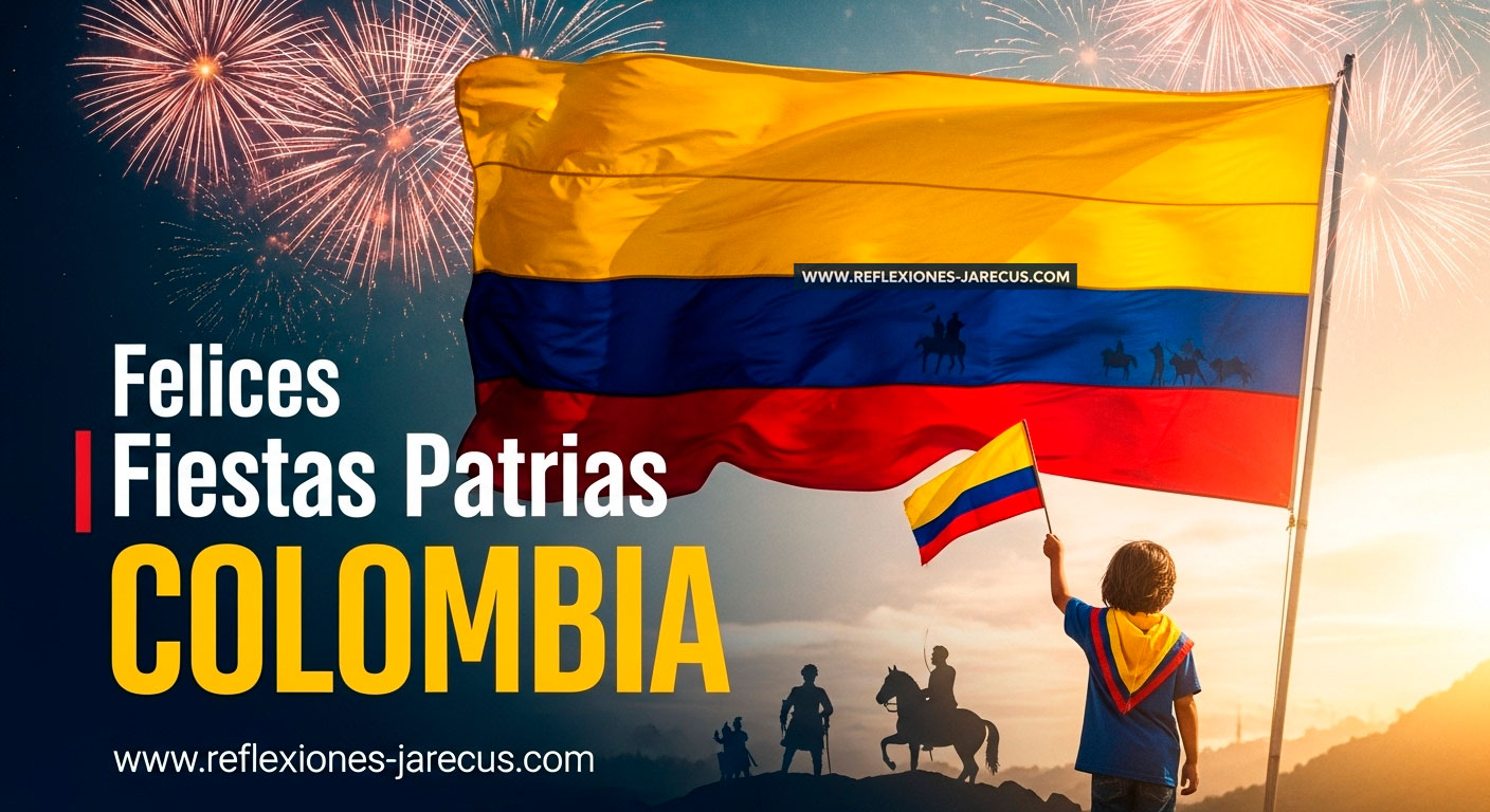 Niño colombiano con bandera frente al tricolor nacional, celebrando las fiestas patrias de Colombia