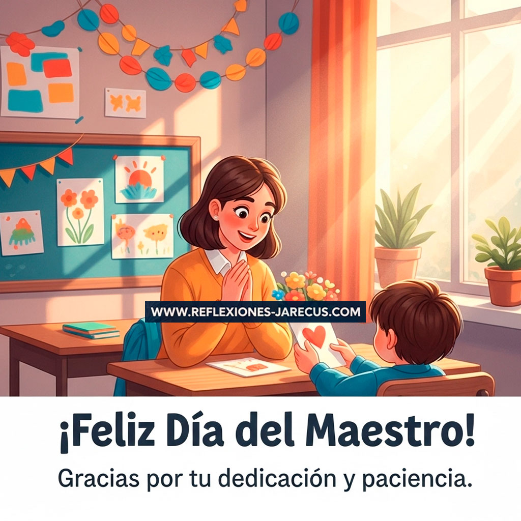 Maestra emocionada recibe una tarjeta de agradecimiento de un niño en un aula decorada por el Día del Maestro.