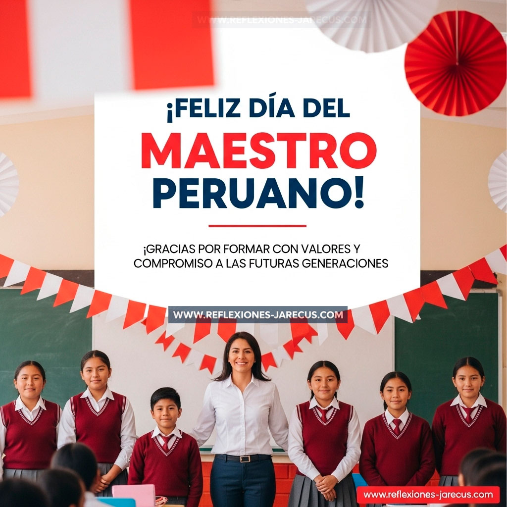 Docente con vestimenta moderna acompañado de estudiantes en aula decorada con banderas del Perú y mensaje de homenaje.