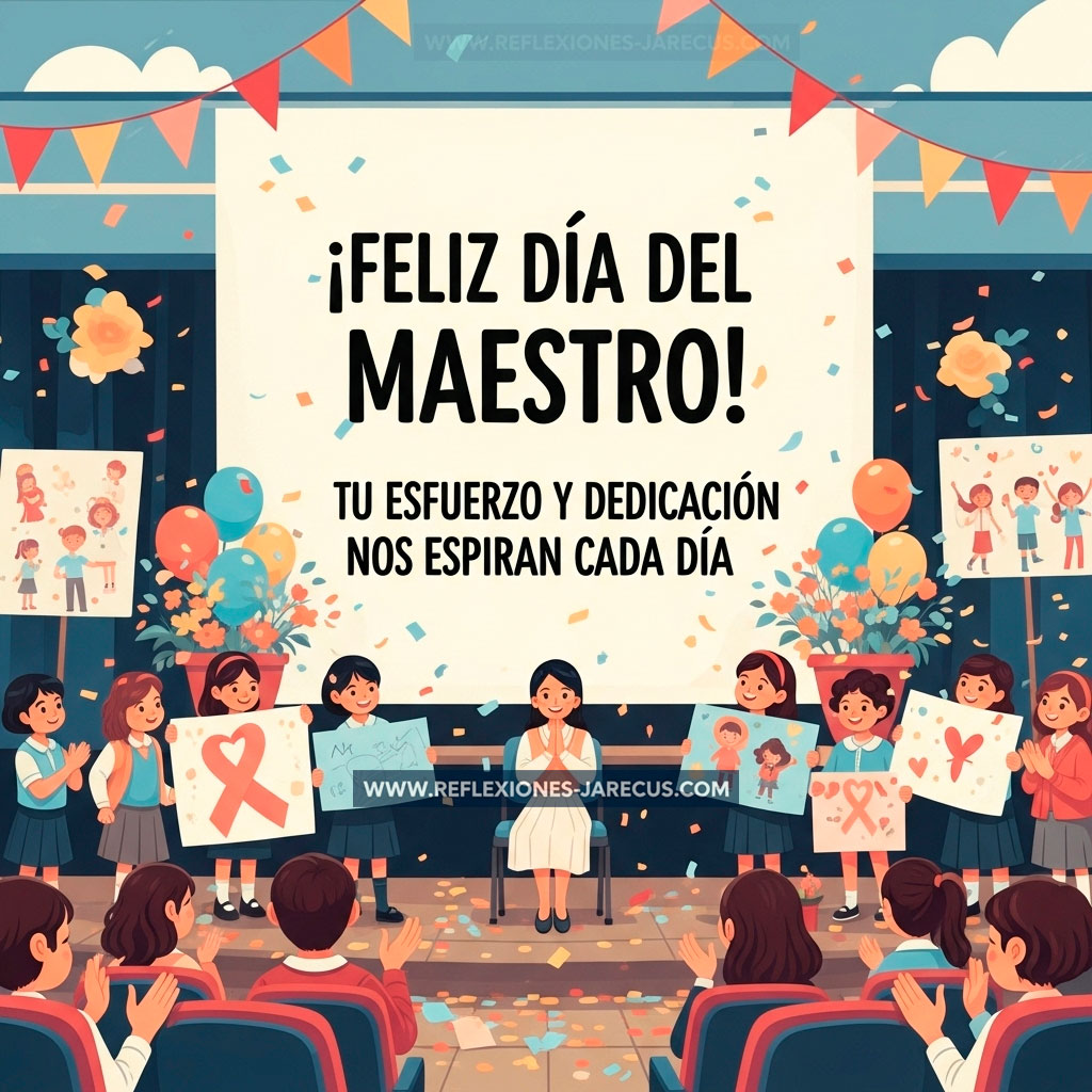 Acto escolar con niños homenajeando al maestro, mostrando una pancarta con frase de agradecimiento.