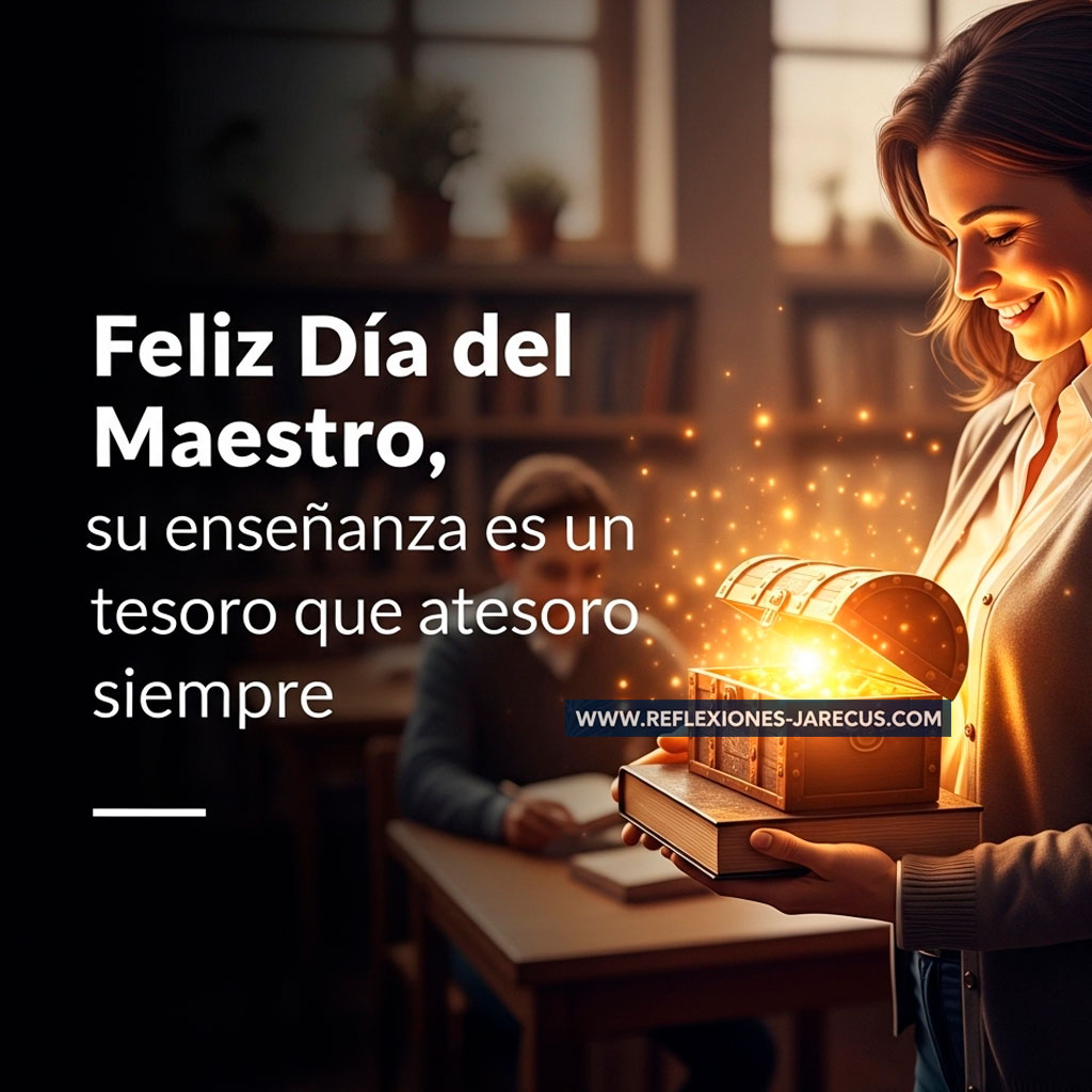 Maestro sosteniendo un cofre del tesoro brillante que simboliza la enseñanza valiosa y atesorada.